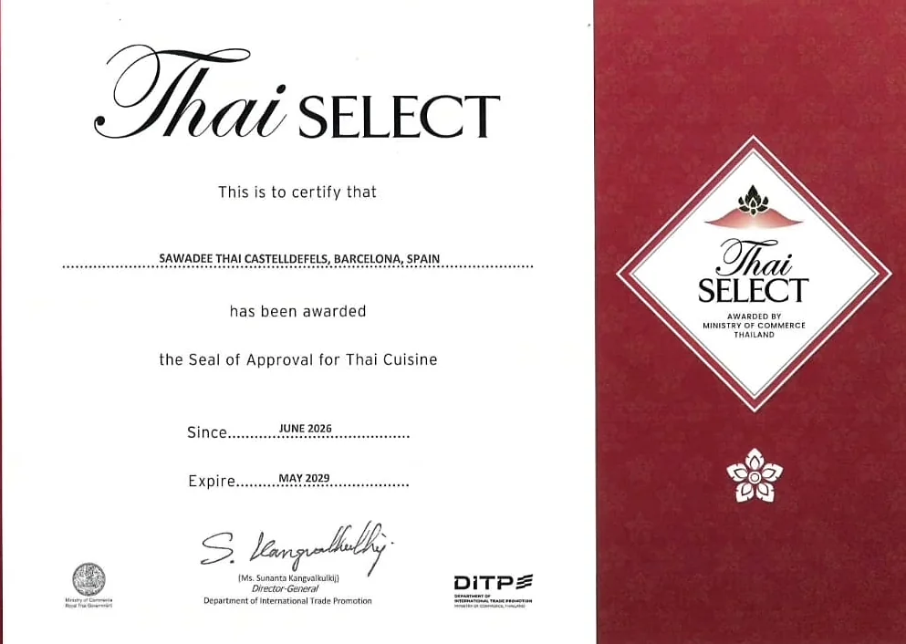 Certificado Thai SELECT de Sawadee Thai Castelldefels, junio de 2026